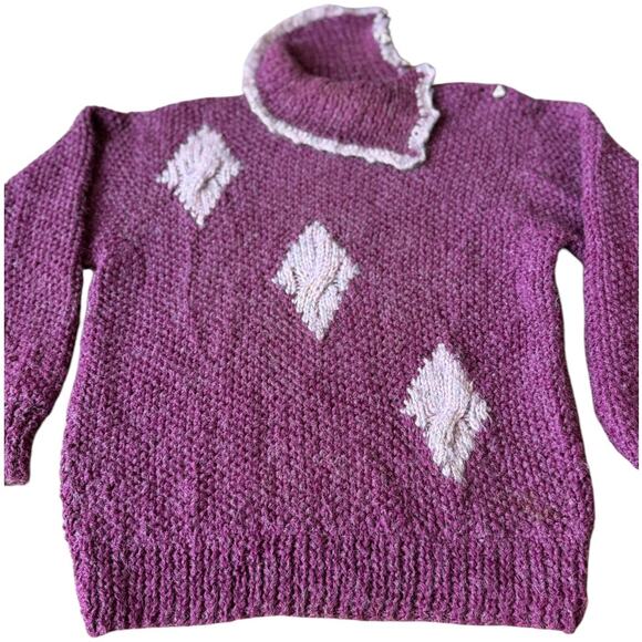Vintage Handmade Purple & Pink Diamond Knit Turtleneck Sweater Size Large - Picture 9 of 15